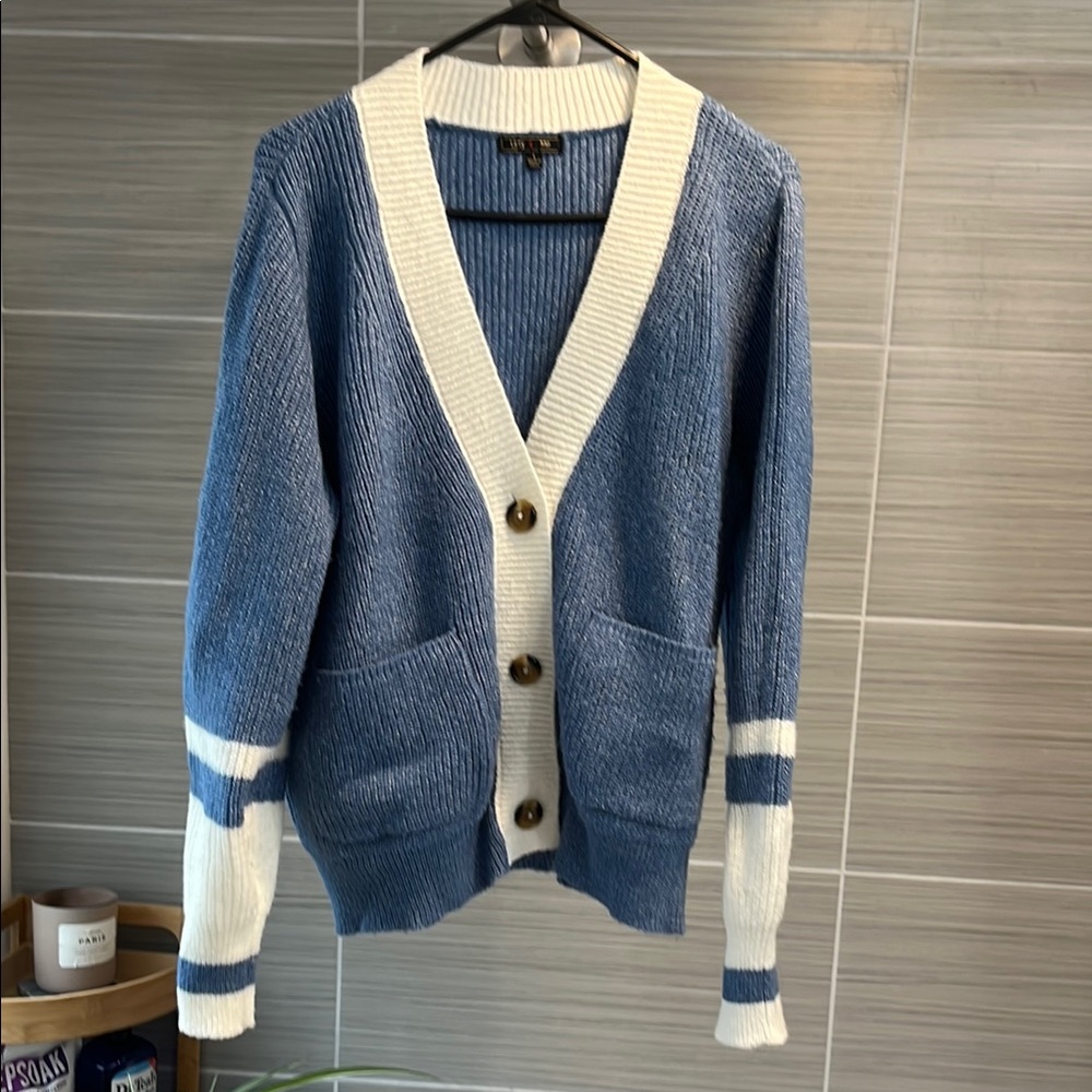 Blue and White Cardigan with Striped Sleeves